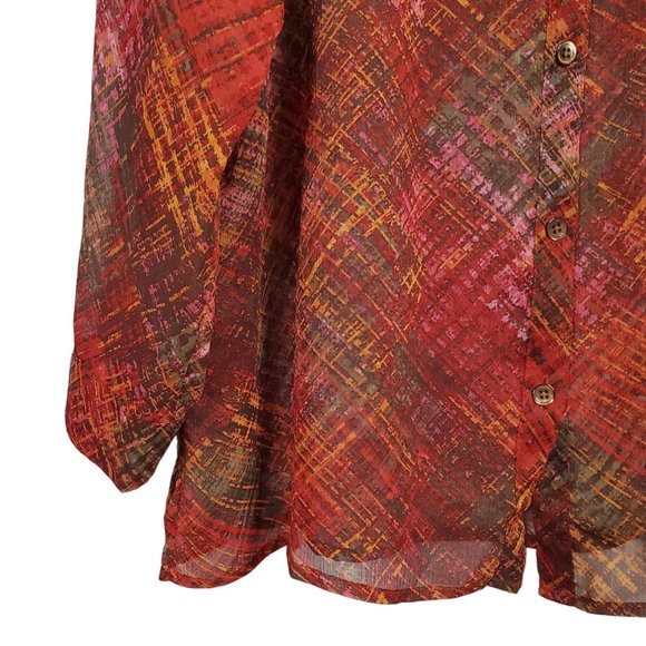 J Jill Size M Petite Blouse Semi Sheer Long Sleeve Button Front Shirt Red Orange - Picture 5 of 6